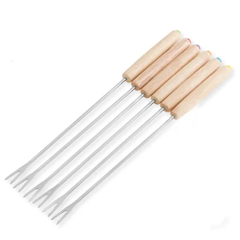 6-Piece Reusable Fondue Forks – BBQ, Grilling & Dipping Set Fondue Fork Set Qme wooden