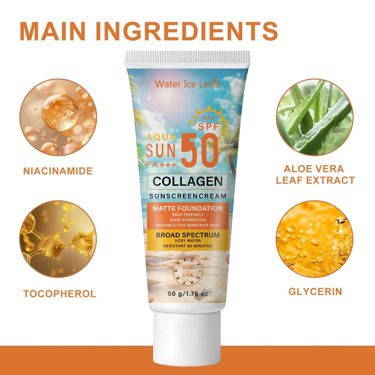 SPF50 PA+++ Collagen Sunscreen – 36HR Hydrating, Water Resistant Collagen Sunscreen Qme