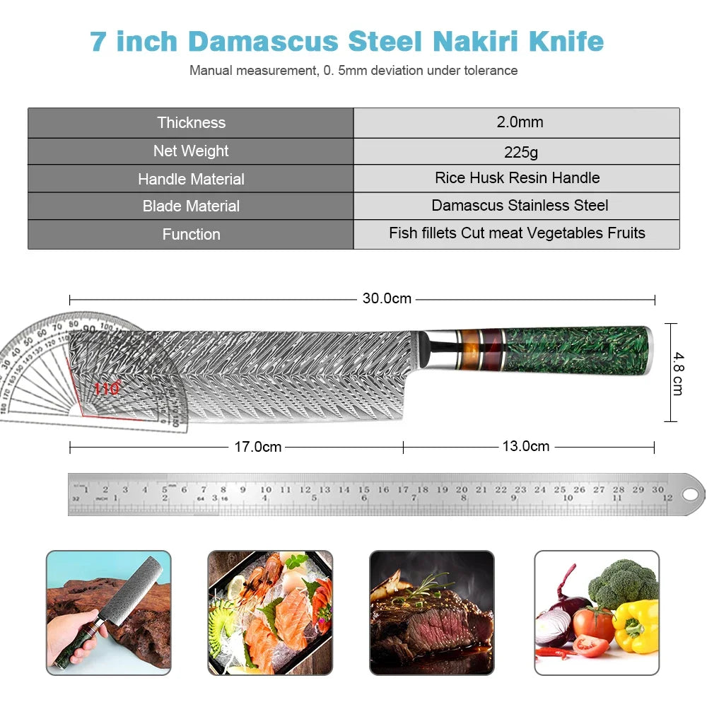 XITUO 7" Damascus Steel Nakiri Knife – Rice Husk Handle Nakiri Kitchen Knife Qst