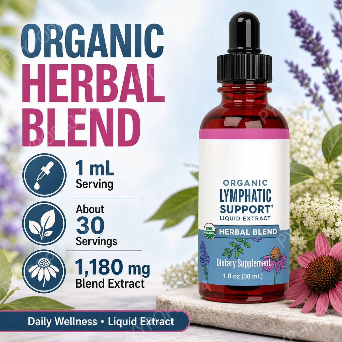 Organic Herbal Liquid Extract Drops – Echinacea & Elderberry 1 oz Herbal Liquid Extract Qst