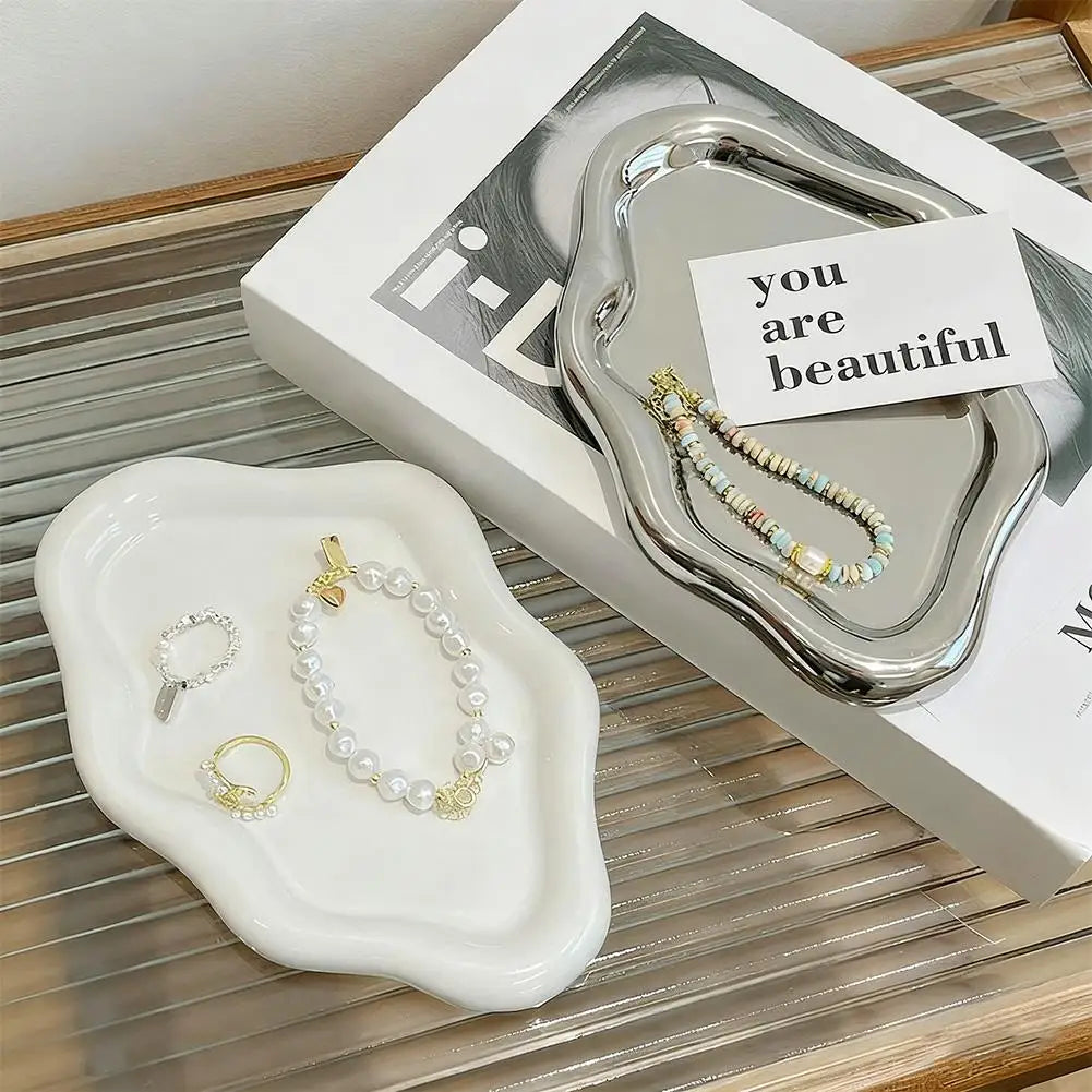 Decorative Metal Jewelry Storage Tray – White & Silver Jewelry Storage Tray Qme