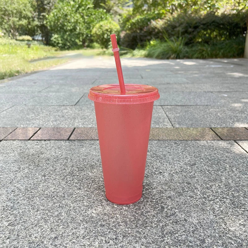 Glitter PP Plastic Tumbler with Lid & Straw | Matte Coffee Cup Plastic Tumbler Qst A7