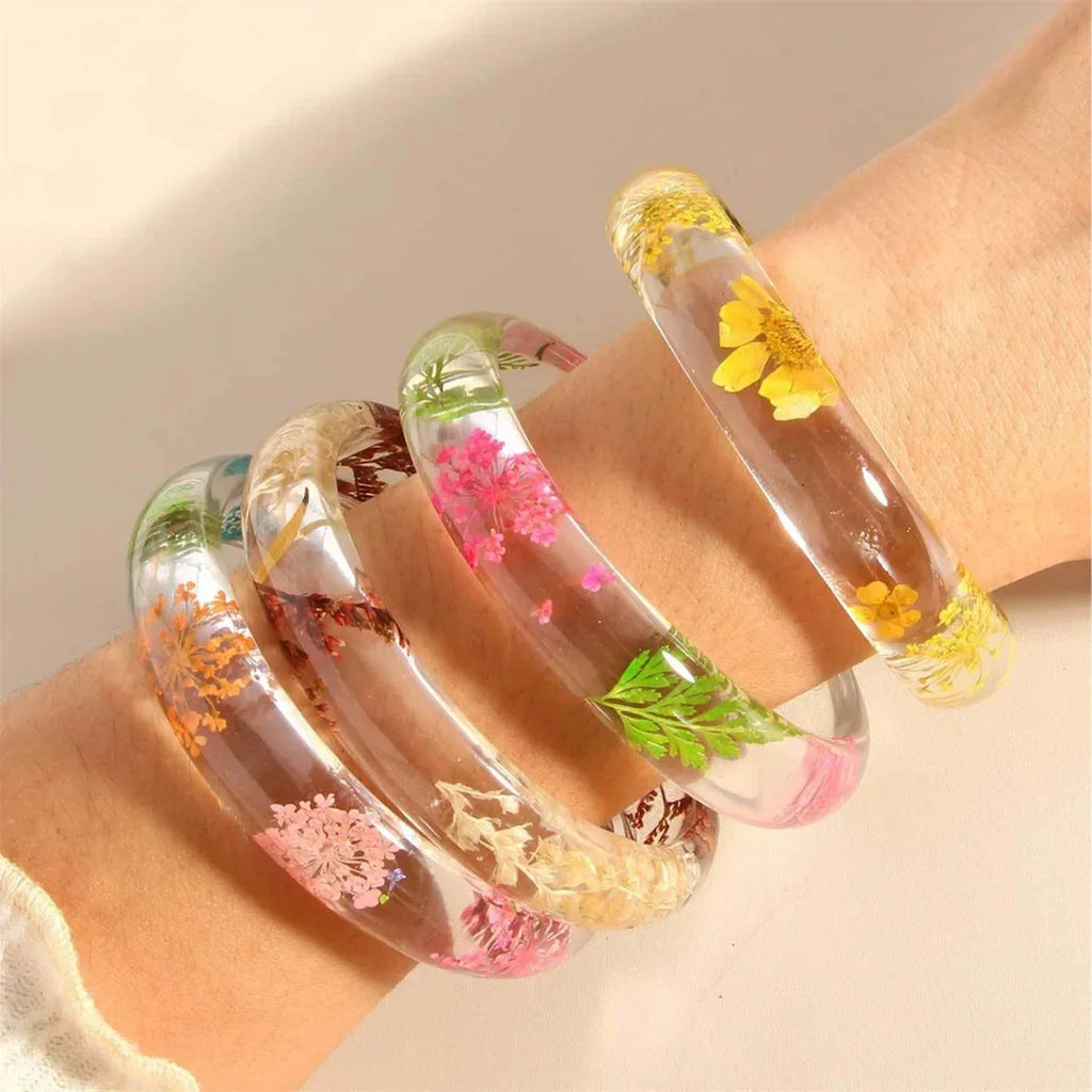 Vintage Flower Leaf Transparent Acrylic Wide Bangle Bracelet Bangle Bracelet Qme