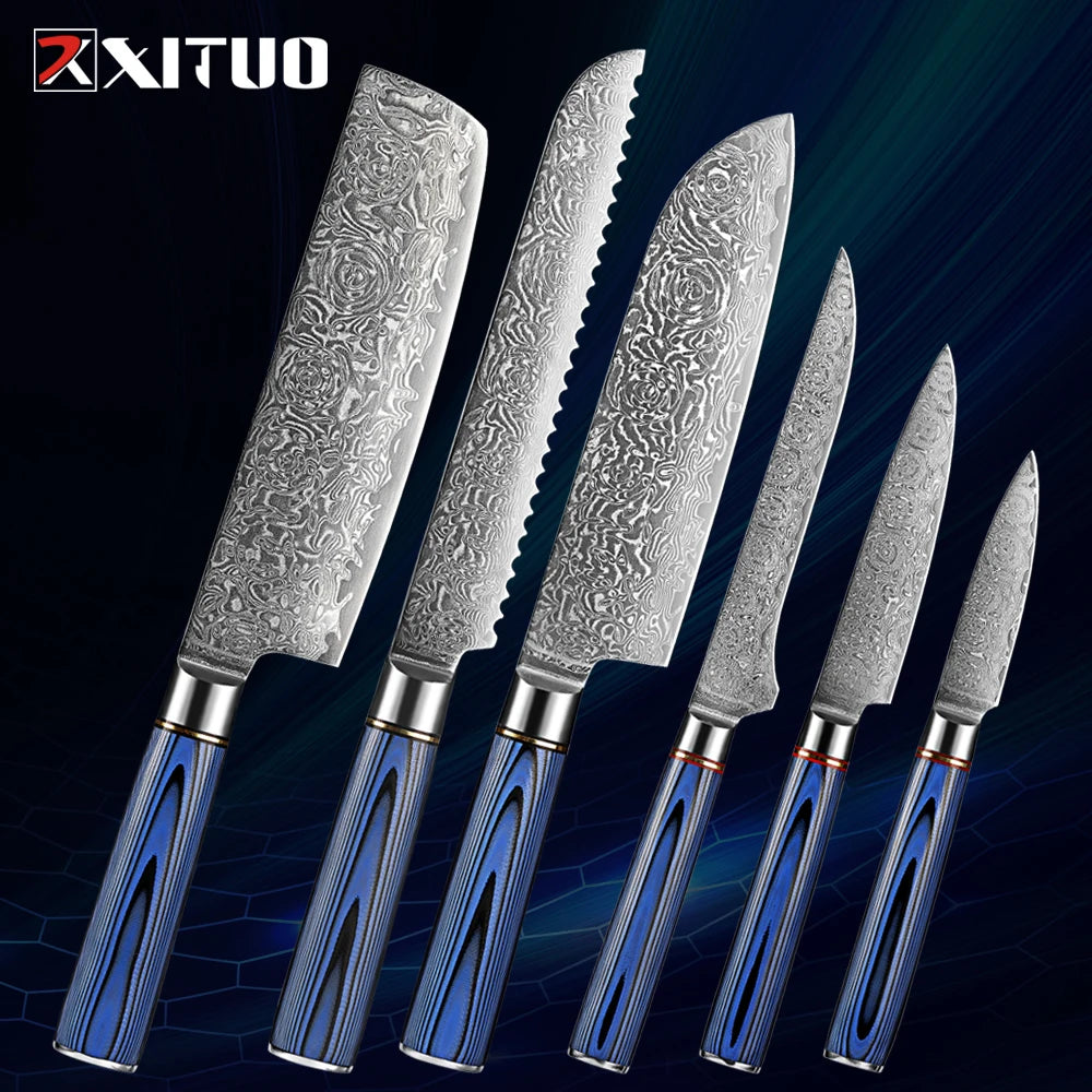 XITUO Damascus Steel Kitchen Knife Set – Blue G10 Handle Damascus Knife Set Qst
