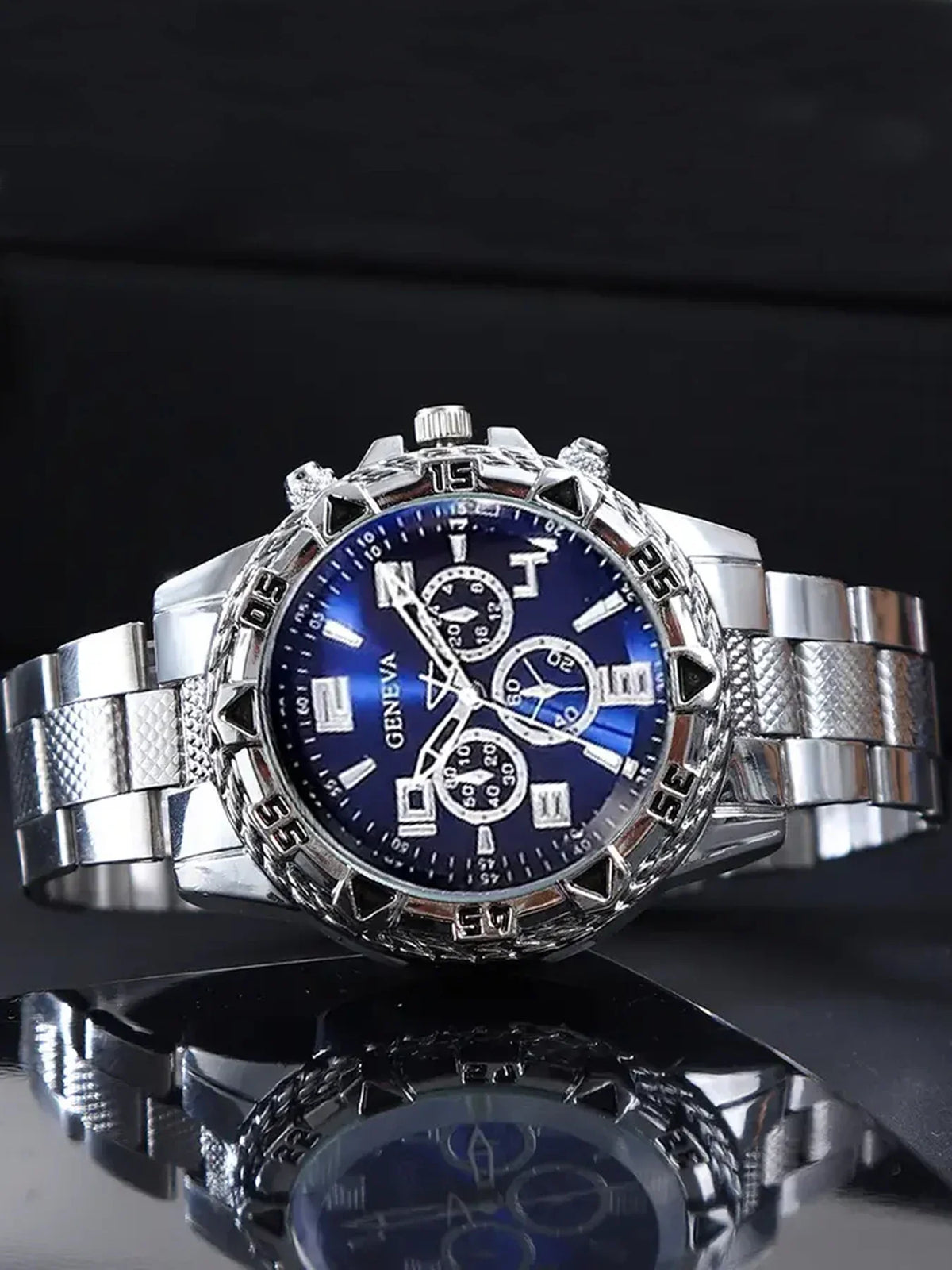 Geneva Triple Sub-Dial Watch & Gold Cuban Chain Bracelet Set Watch Bracelet Set Qme