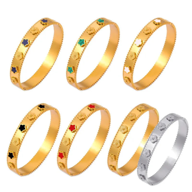 Five-Leaf Flower Stainless Steel Bracelet Bangle | Gold Silver Bracelet Bangle Qme
