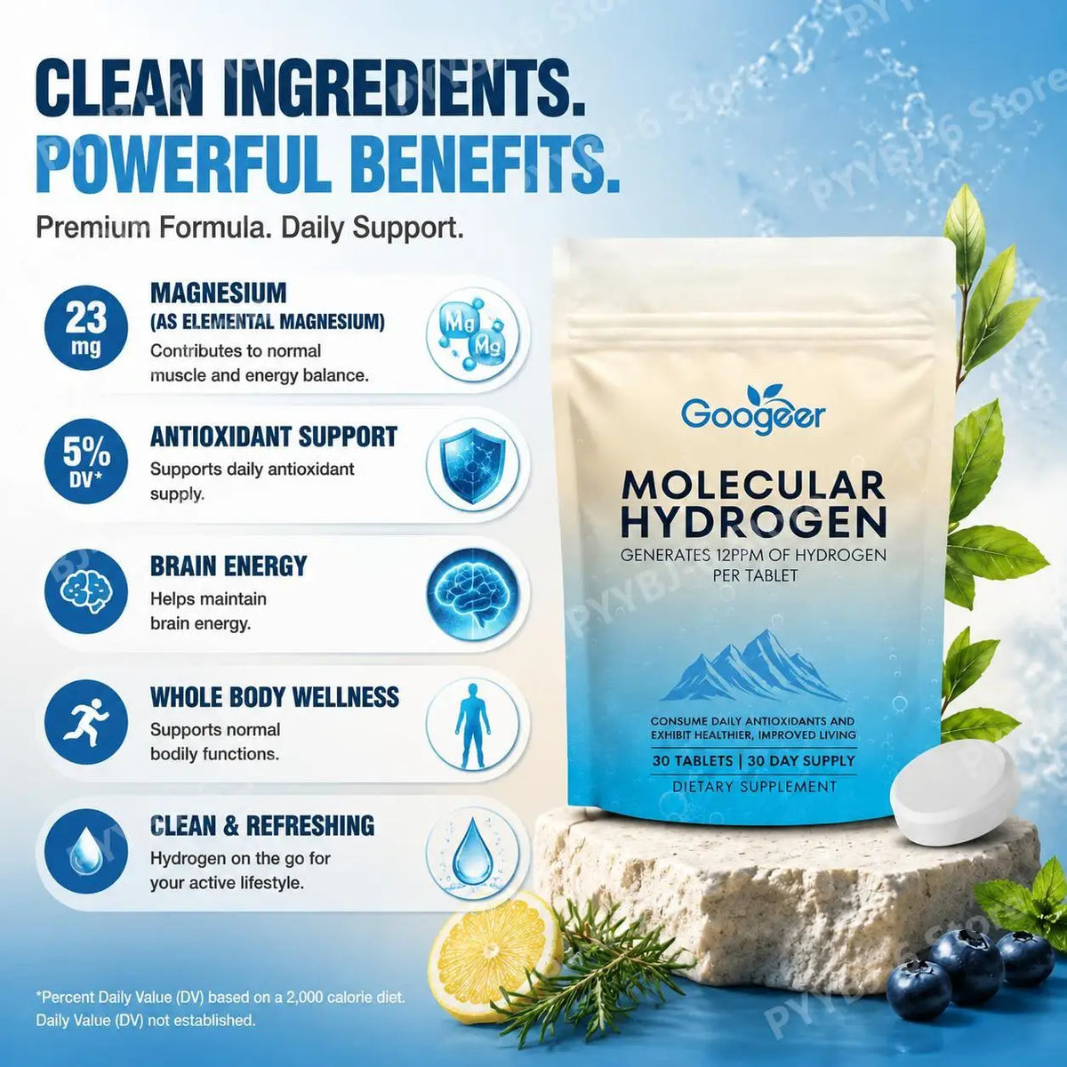 Googeer Molecular Hydrogen Tablets 30ct – Magnesium Antioxidant Hydrogen Supplement Tablet Qst