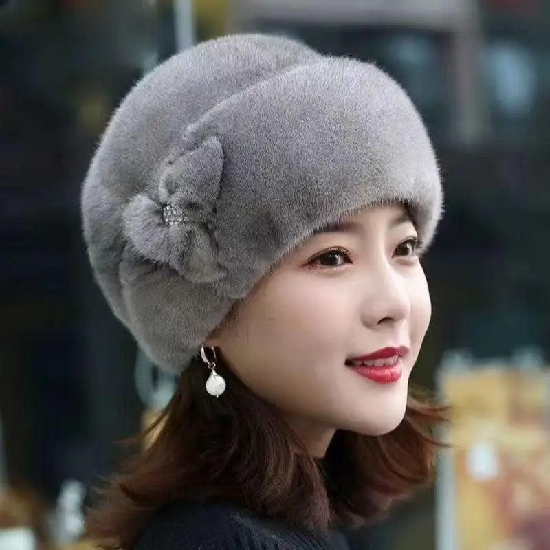 Women's Faux Fur Winter Bucket Hat with Flower Decor Winter Bucket Hat Qst Gray