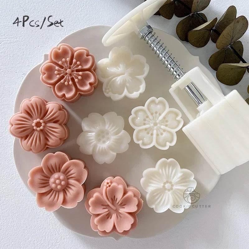 Cherry Blossom Rose 4-Pc Pastry Mold Set | Moon Cake & Candy Pastry Mold Set Qme