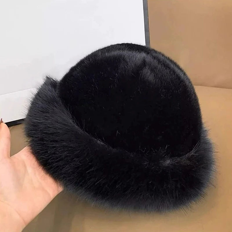 Women's Fluffy Plush Fur Hat – Warm Brimless Winter Cap Winter Plush Hat Qst Black