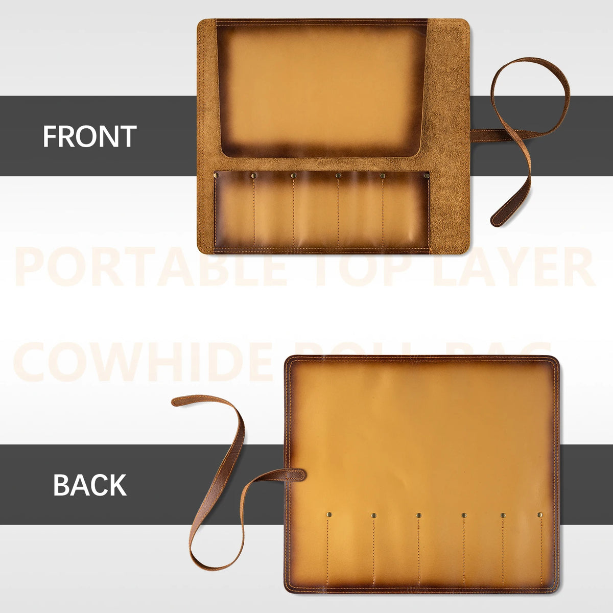 Grandsharp Leather Chef Knife Roll Bag – 5-Slot Cowhide Knife Roll Bag Qst