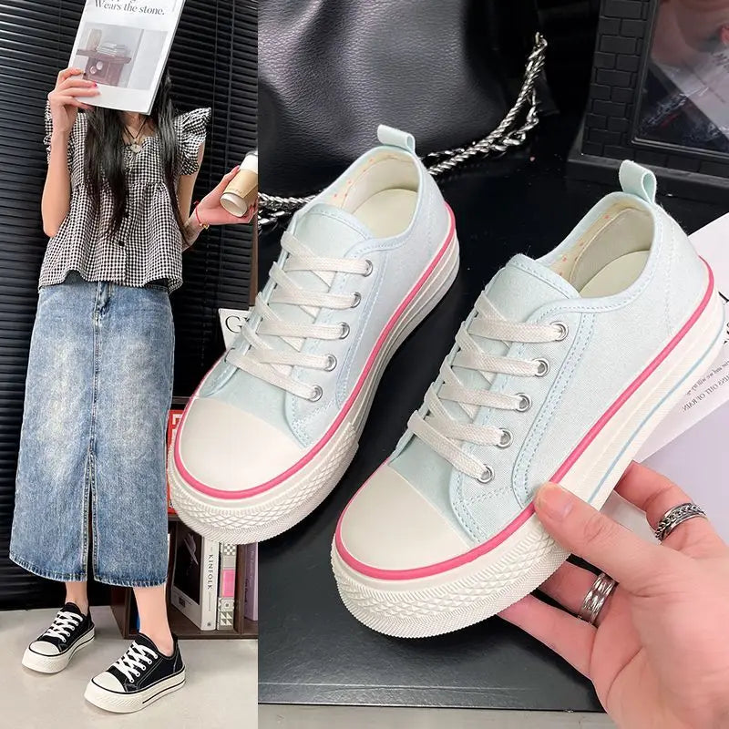 Women's Pink Canvas Sneakers – Polka Dot Laces, Low Top Canvas Sneakers Qst Blue B 36