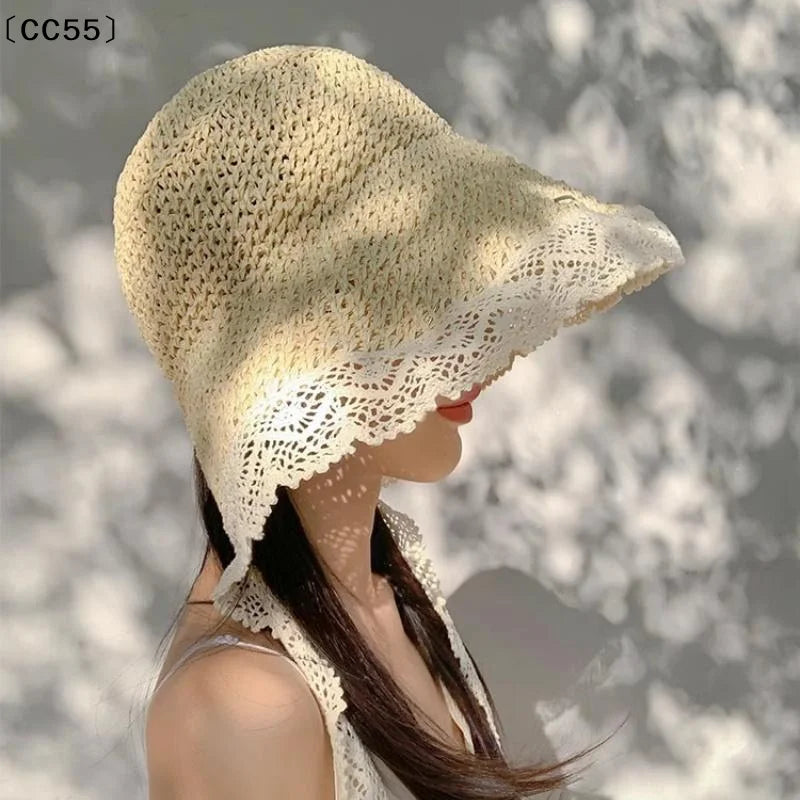 Women's Wide Brim Lace Straw Sun Hat – Foldable Beach UV Hat Straw Sun Hat Qst