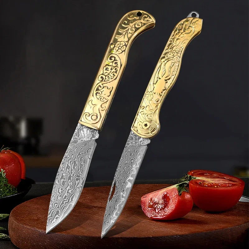 Damascus Steel Folding Knife – Copper Handle, BBQ & Kitchen Damascus Folding Knife Qst