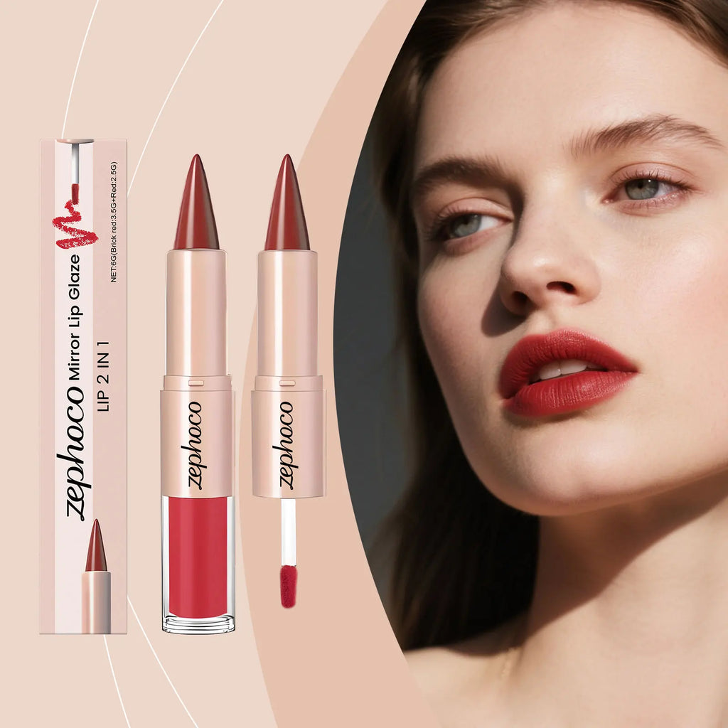 Zephoco 2-in-1 Mirror Lip Gloss & Liner – Brick Red Lip Gloss & Liner Qst