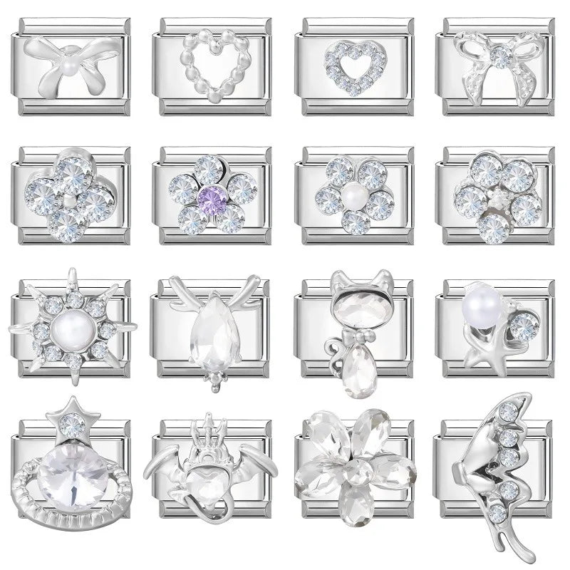 Shiny CZ Charm Bracelet – Heart, Cat, Bow & Wing Links Charm Bracelet Qme