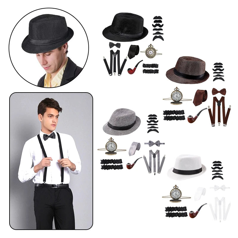 1920s Gatsby Cosplay Set – Hat, Pocket Watch, Bow Tie & More Costume Accessory Set Qst