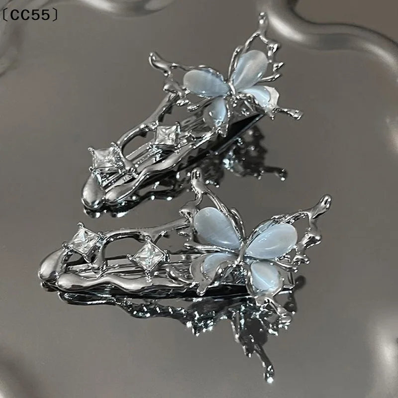Y2K Liquid Metal Butterfly Zircon Hair Clip – Silver Barrette Hair Barrette Clip Qst