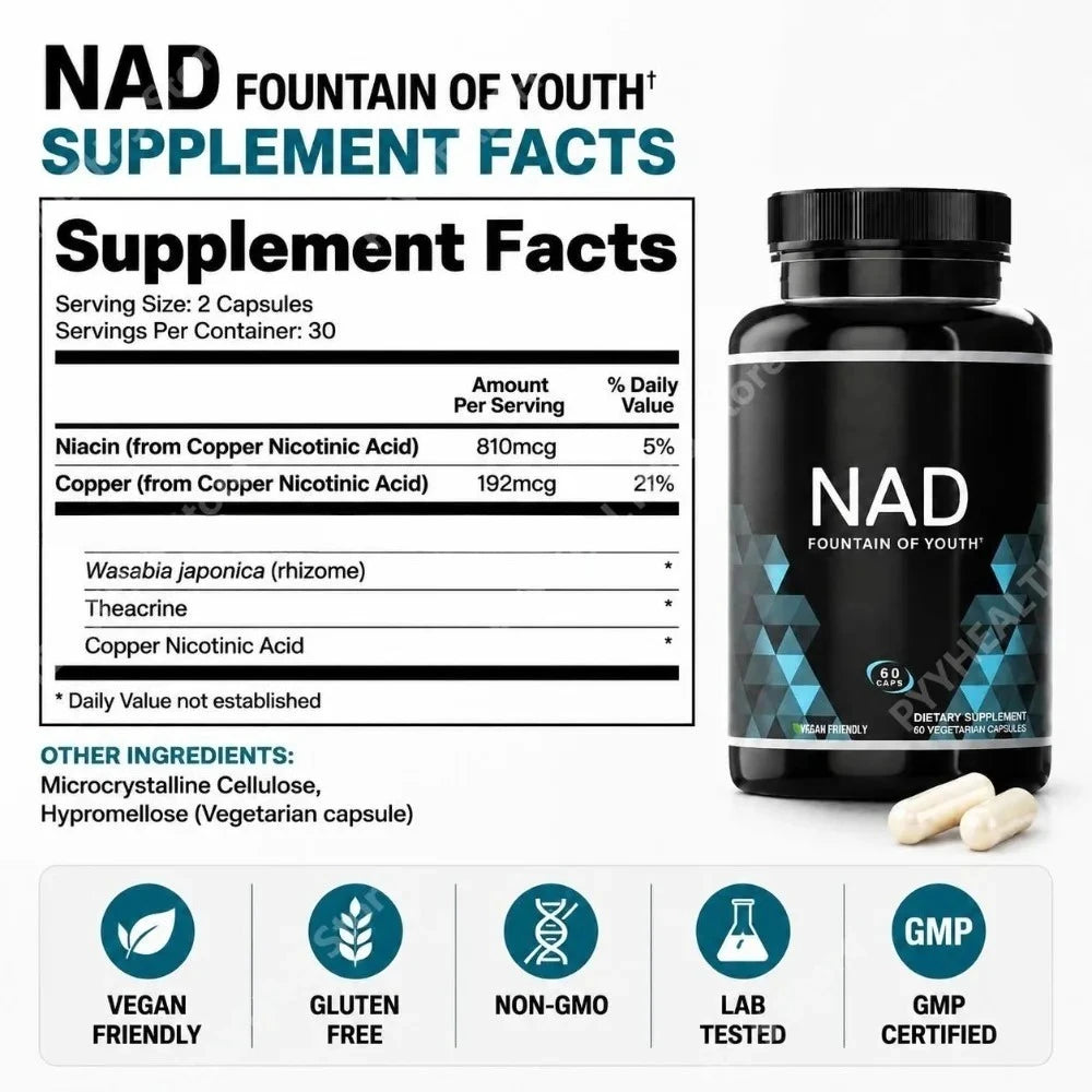 NAD+ Capsules with Niacin & Copper – Vegan, 60 Count Dietary Supplement Qst