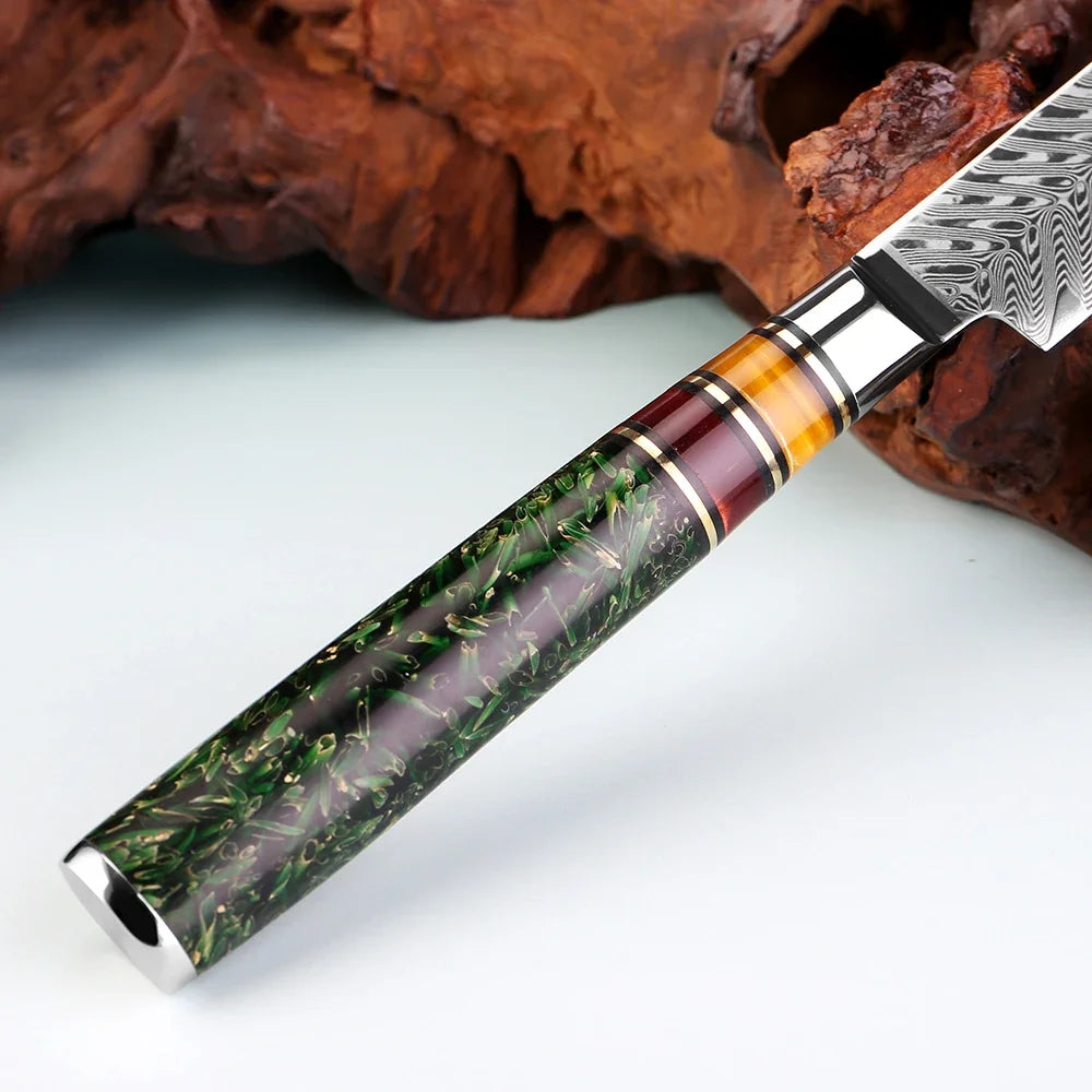 5-Inch Damascus Steel Utility Knife – Rice Husk Resin Handle Utility Kitchen Knife Qst