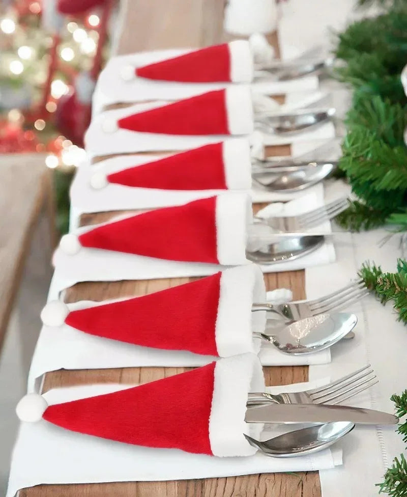 Christmas Cutlery Bag Holder Mini Santa Hat Fork & Knife Holiday Table Accessory Qme