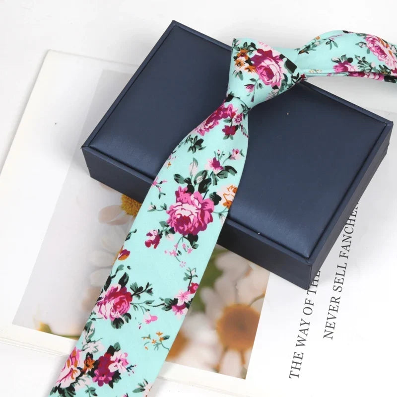 100% Cotton Floral Necktie – Elegant Flower Print, Men & Women Floral Cotton Necktie Qme