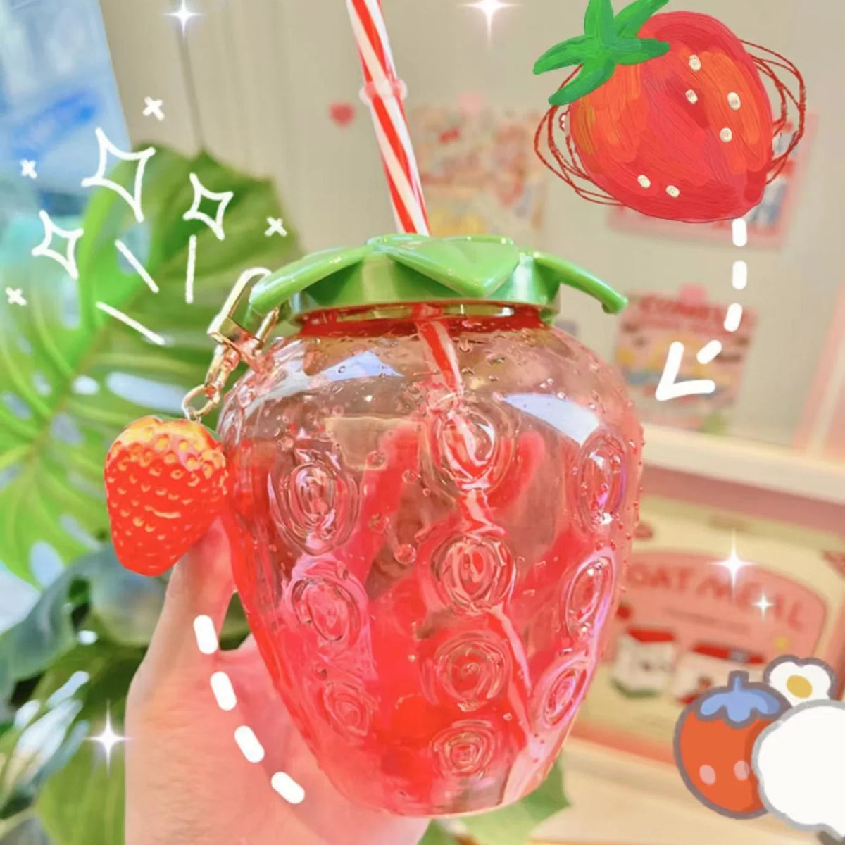 Strawberry Straw Milk Tea Cup – Portable Cold Drink Cup Straw Drinking Cup Qme