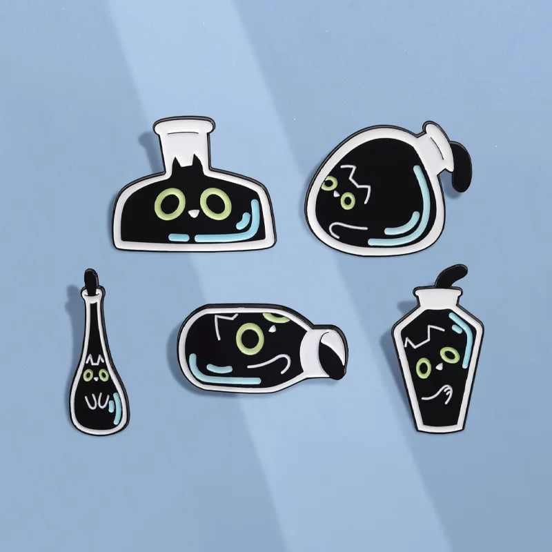 Cute Black Kitten Bottle Enamel Pin – Cartoon Cat Brooch Enamel Lapel Pin Qme