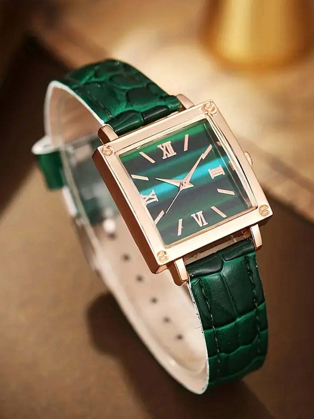 Women's Square Leather Watch Set – Rhinestone 5-Piece Fashion Fashion Watch Set Qme