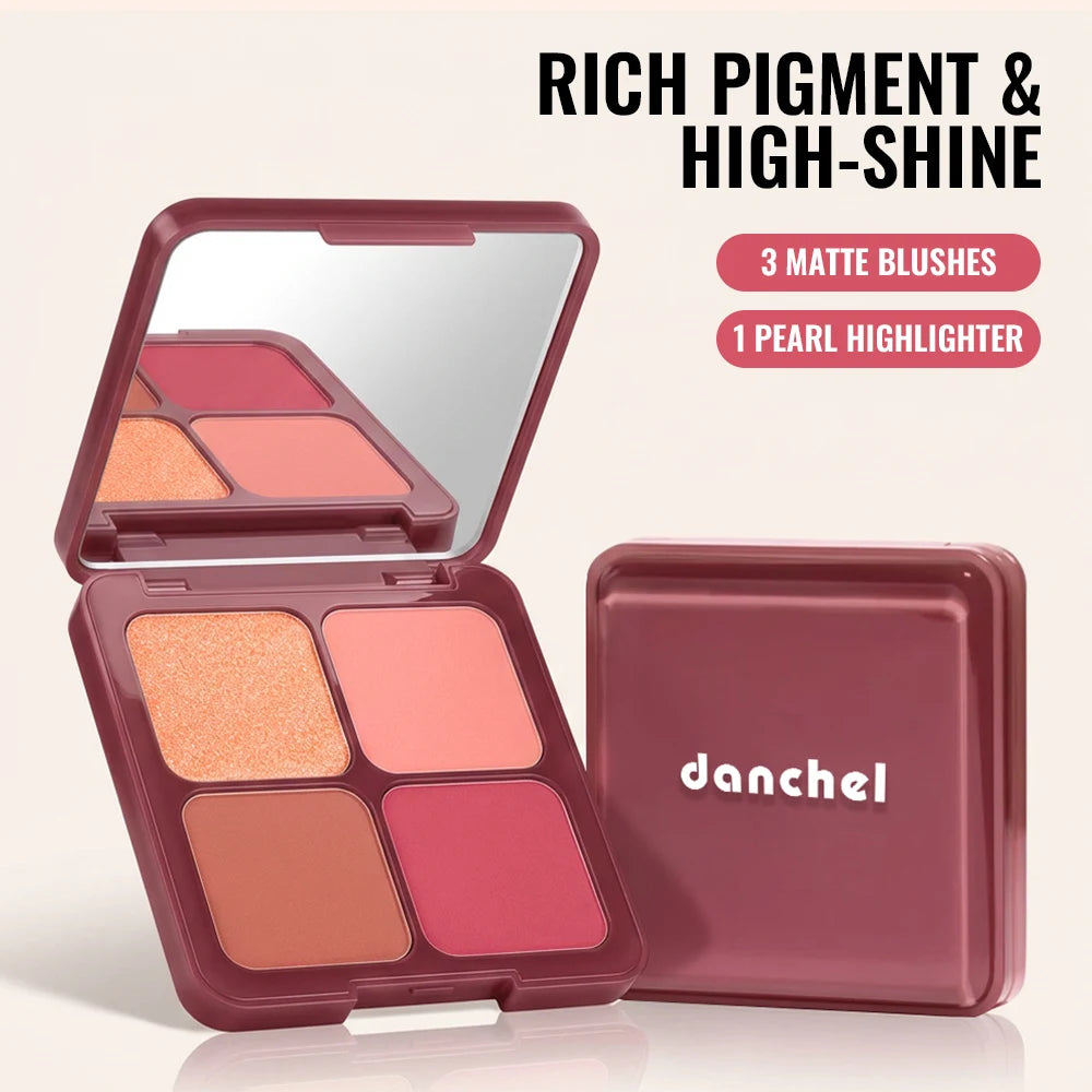 4-Color Blush & Highlighter Palette with Built-In Brush Blush Palette Qst