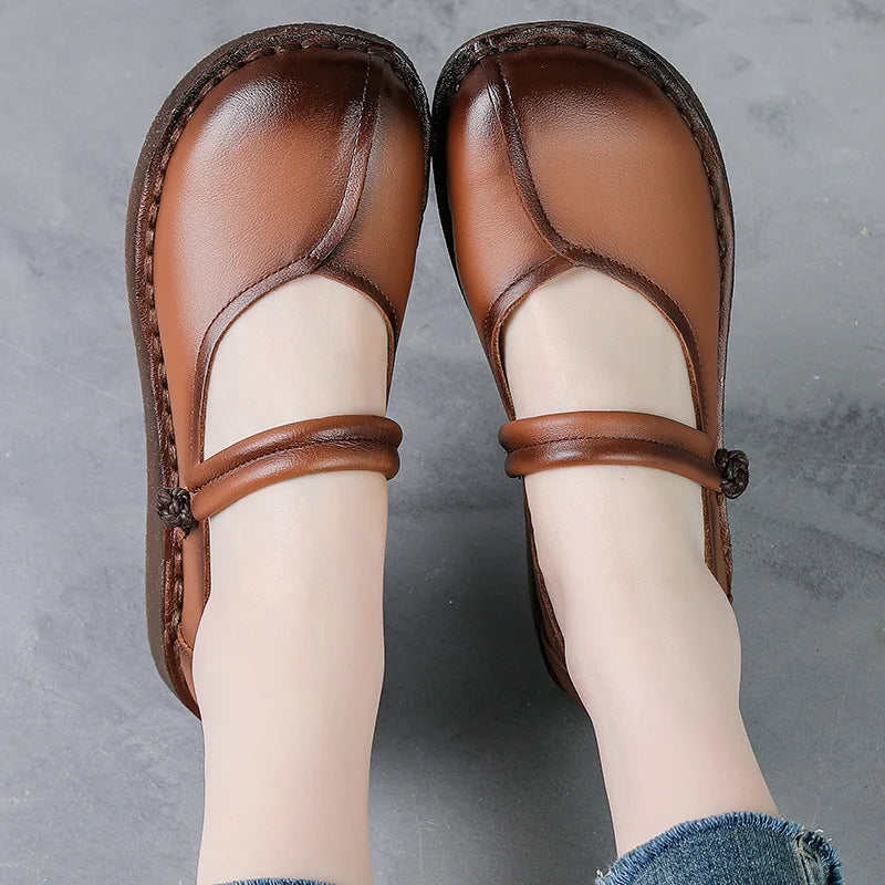 Women's Wide Toe Genuine Leather Strappy Flat Shoes | Mary Jane Leather Flat Shoes Qst