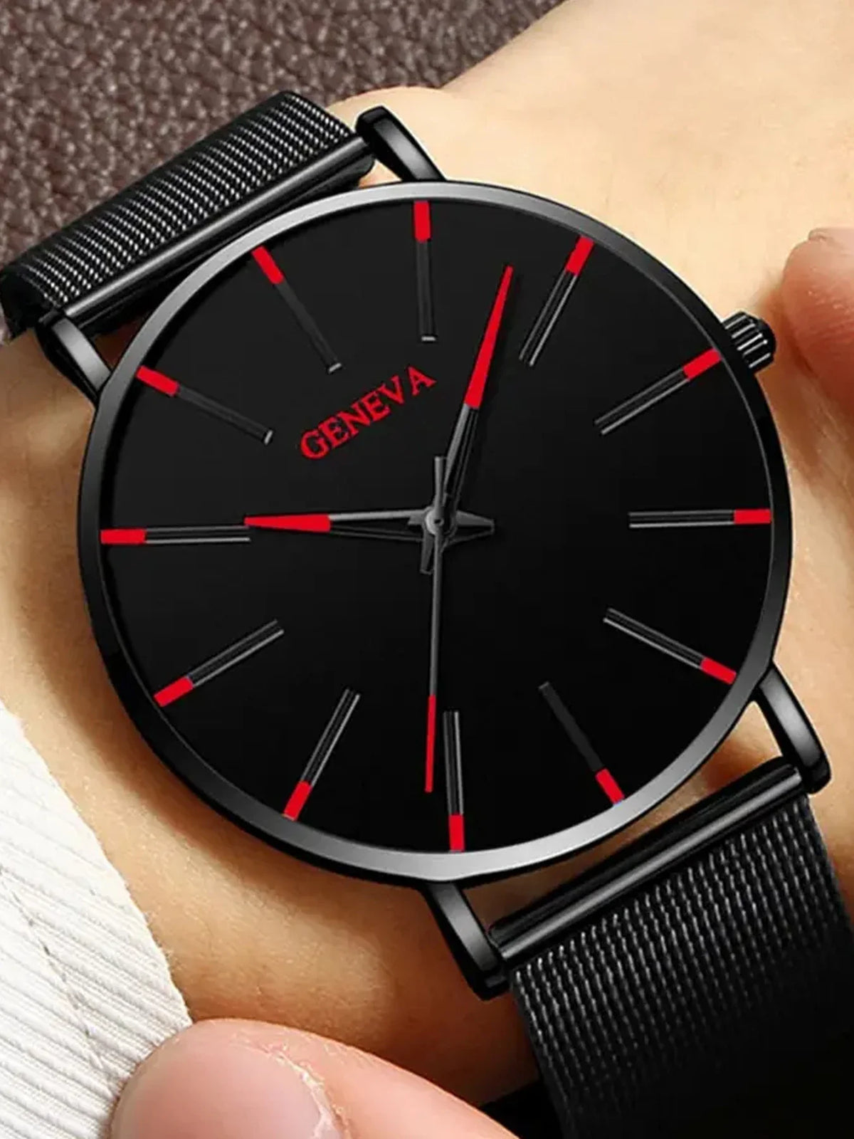 Geneva Mesh Band Watch, Cross Necklace & Textured Ring Set for Men Men's Jewelry Set Qme