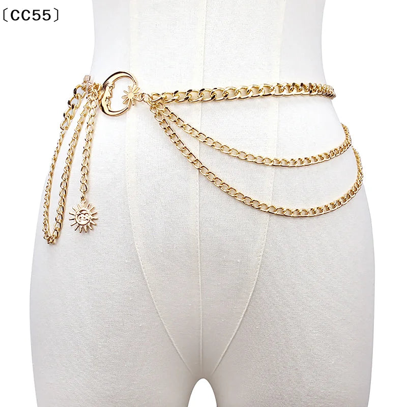 Women's Moon Star Waist Chain Belt – Gold & Silver Alloy Waist Chain Belt Qst