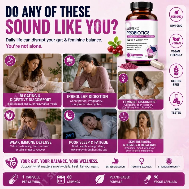 Women's Probiotics 100B CFUs 31 Strains D-Mannose Cranberry 90 Caps Women's Probiotic Supplement Qst