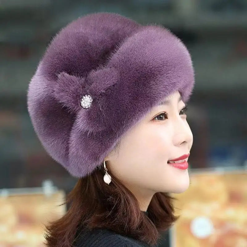 Women's Faux Fur Winter Bucket Hat with Flower Decor Winter Bucket Hat Qst Purple