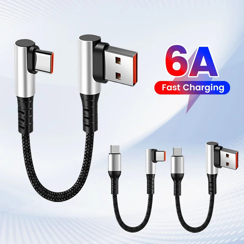 6A 90° Elbow USB-C Fast Charging Cable | Braided Short Cord USB-C Charging Cable Qme