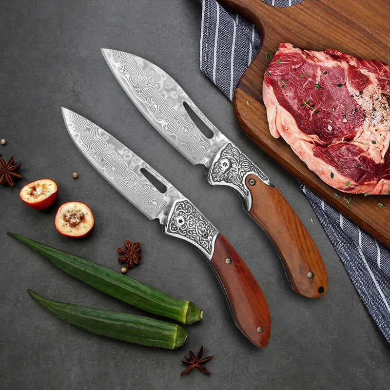 InLeung Damascus Steel Folding Knife – 7.5" Boning Chef Blade Folding Kitchen Knife Qst