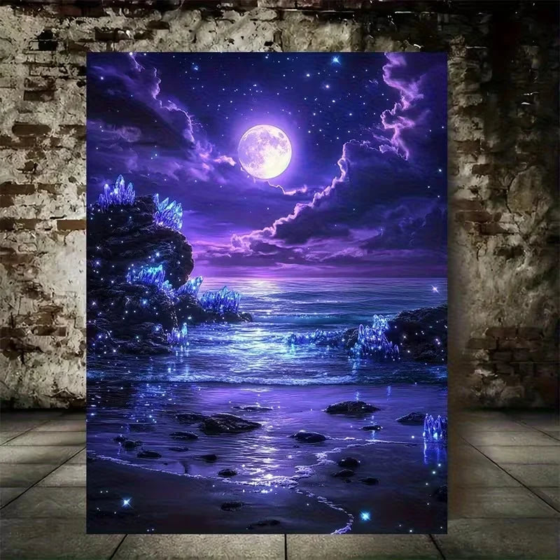 Frameless Canvas Wall Art – Full Moon Purple Beach Print Canvas Wall Art Qst No frame 50x70cm Unframed