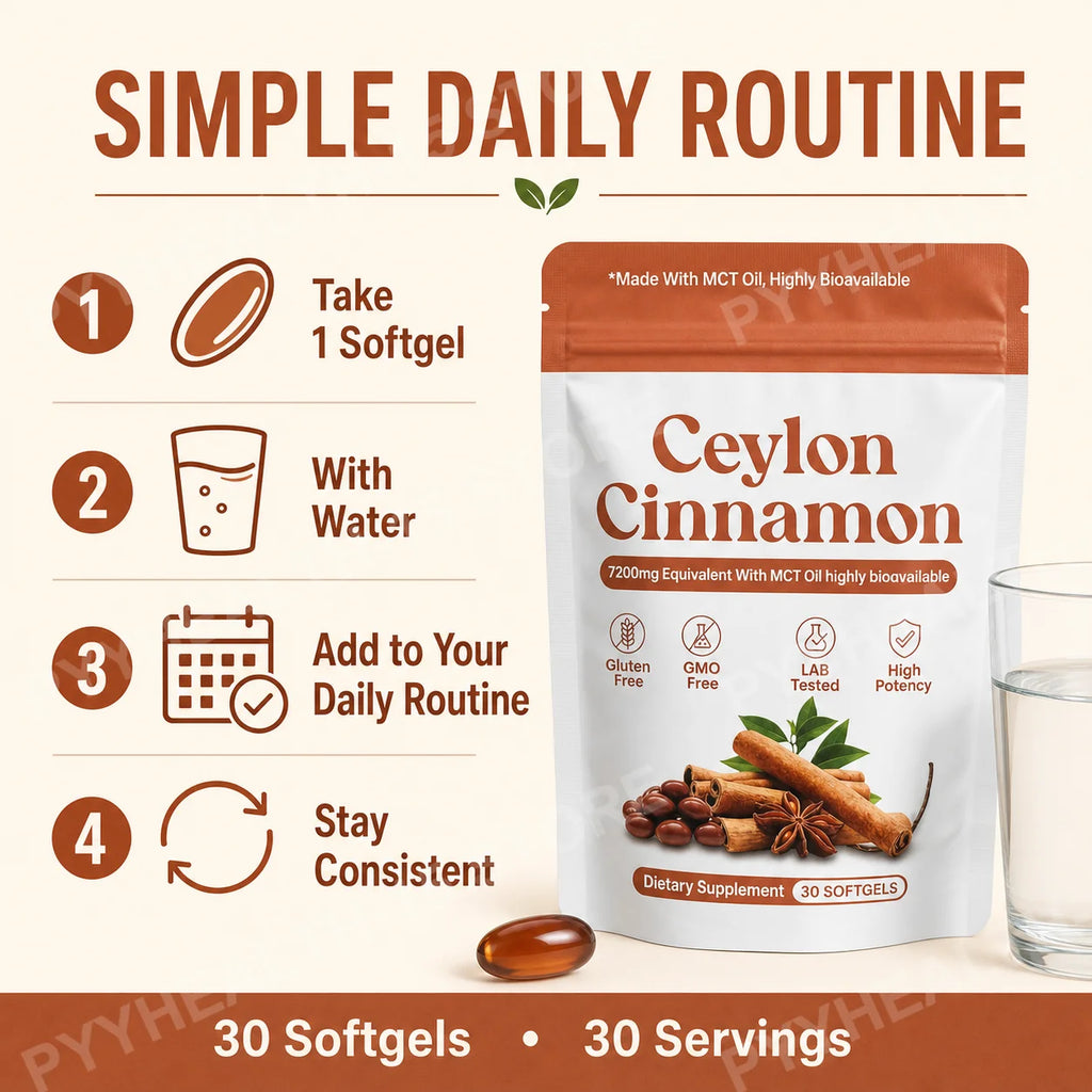 Ceylon Cinnamon Softgels 7200mg – 12:1 Extract + MCT Oil Herbal Supplement Qst