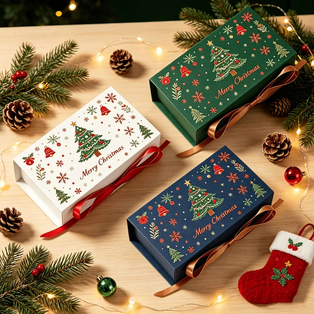 Christmas Gift Boxes with Ribbon – Snowflake & Tree Print, 10pk Christmas Gift Boxes Qme