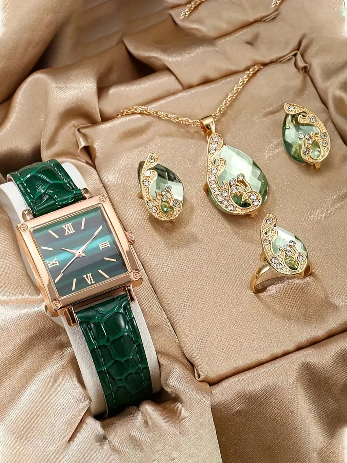 Women's Square Leather Watch Set – Rhinestone 5-Piece Fashion Fashion Watch Set Qme green No