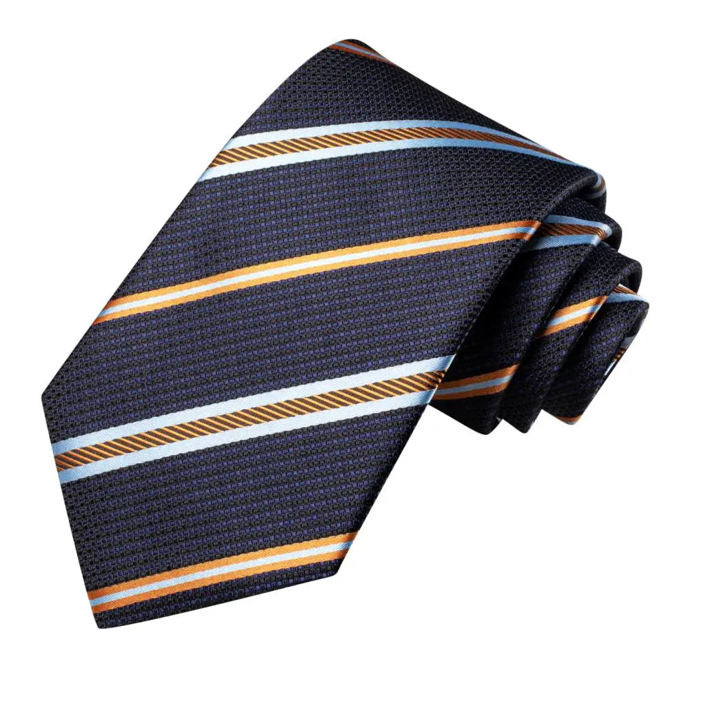 Hi-Tie Men's Striped Navy Blue Silk Necktie & Cufflinks Set Silk Necktie Gift Set Qme