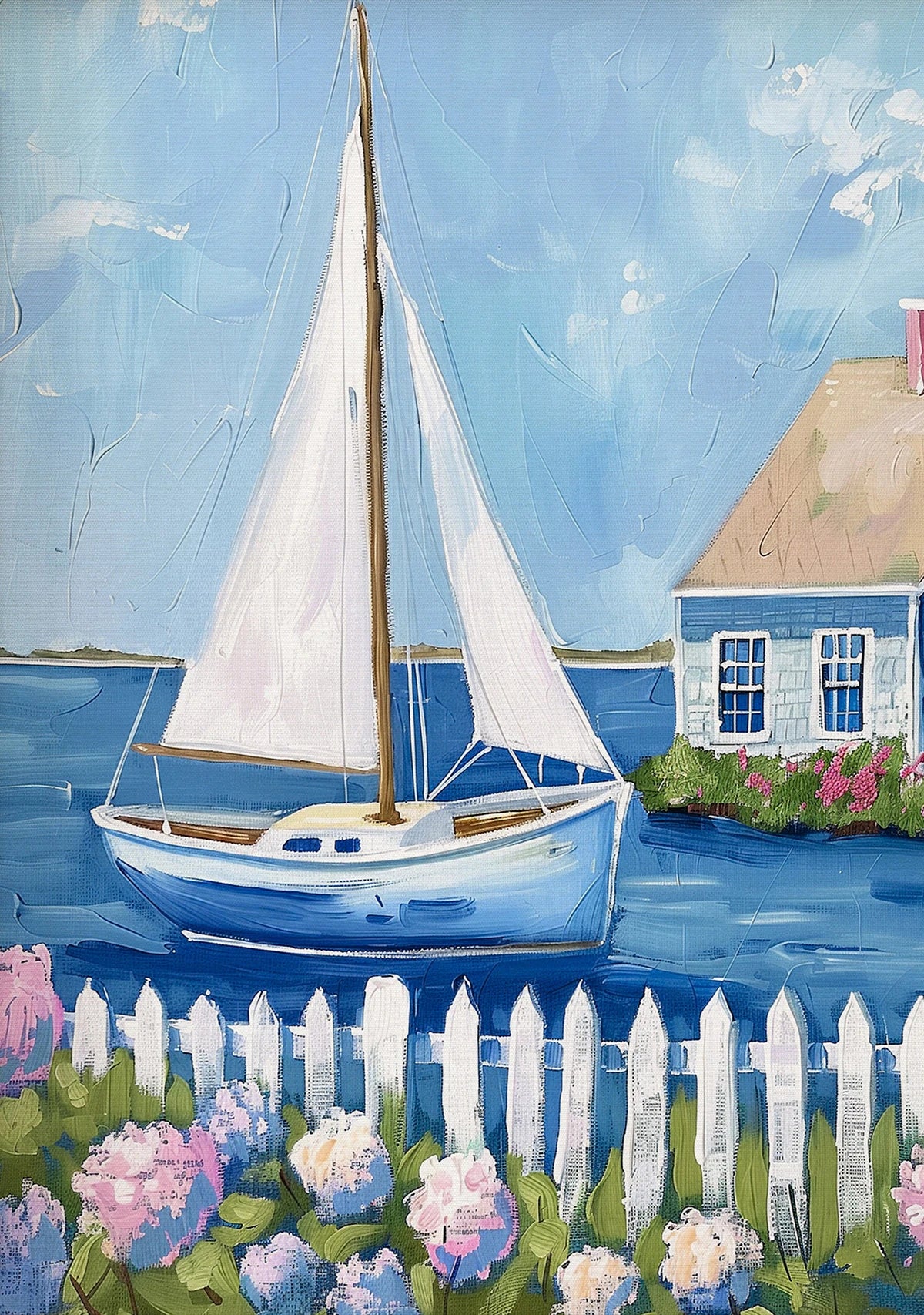 Coastal Sailboat Hydrangea Canvas Wall Art – Blue Beach Print Canvas Wall Art Qst 50X70cm No Framed 6