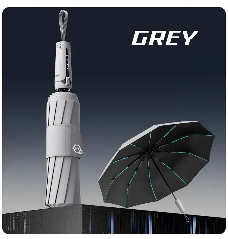 Large Windproof Folding Umbrella – Unisex Sun & Rain Folding Umbrella Qst Grey 10K metal-fiber composite