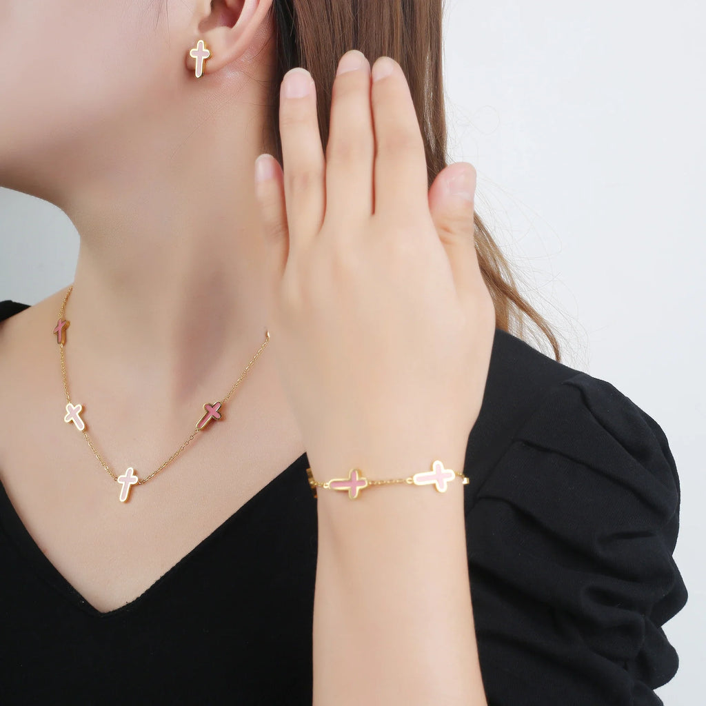 Stainless Steel Shell Cross Necklace & Bracelet Set | 30 Colors Jewelry Set Qme