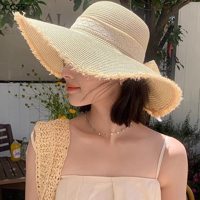 Women's Oversized Straw Beach Hat – Wide Brim Bow Sun Hat Straw Sun Hat Qst