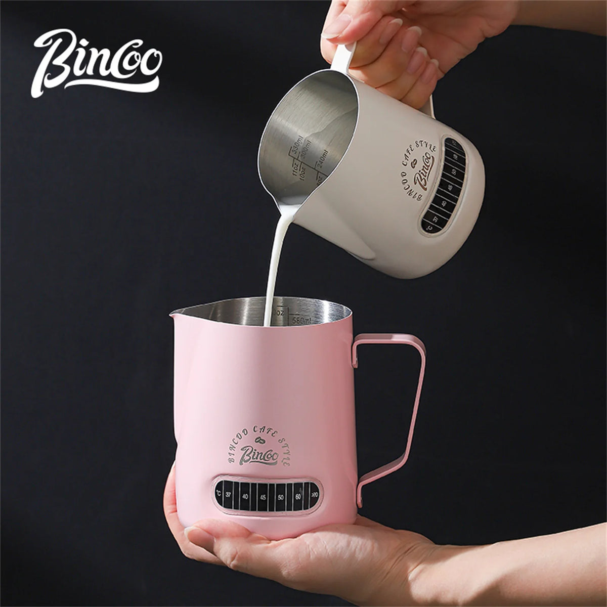 Bincoo Round Spout Milk Pitcher with Temp Display | Latte Art Jug Milk Frothing Pitcher Qst