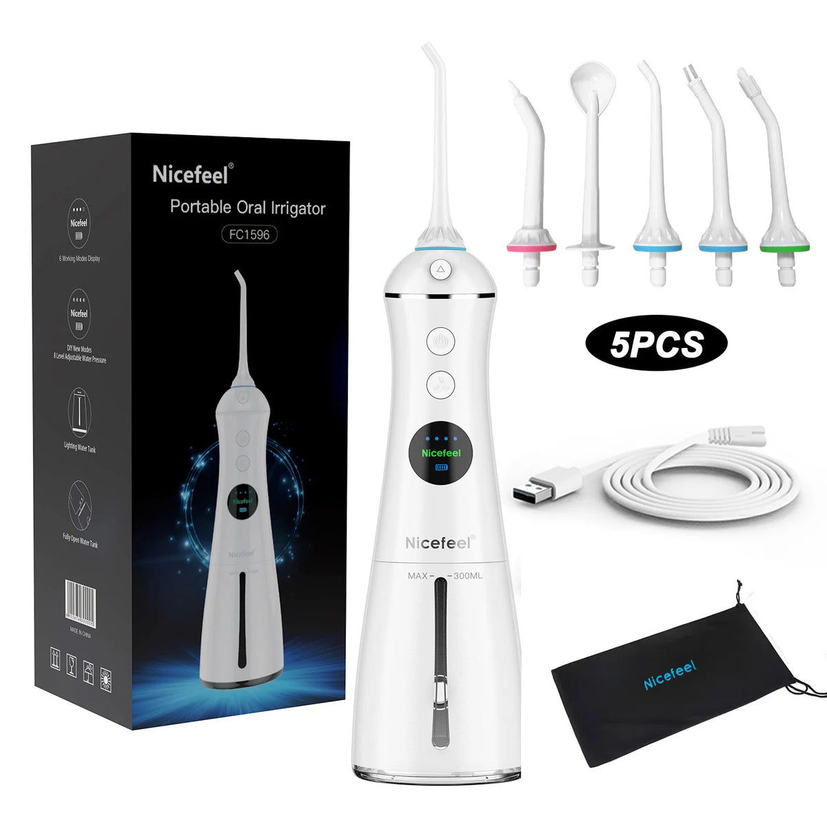 Portable Water Flosser Oral Irrigator – IPX7, 5 Heads, 6 Modes Oral Irrigator Qst