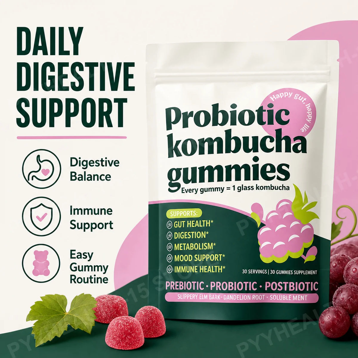 Probiotic Gummies with Prebiotic Fiber, Kombucha & Dandelion Root Probiotic Gummies Qst