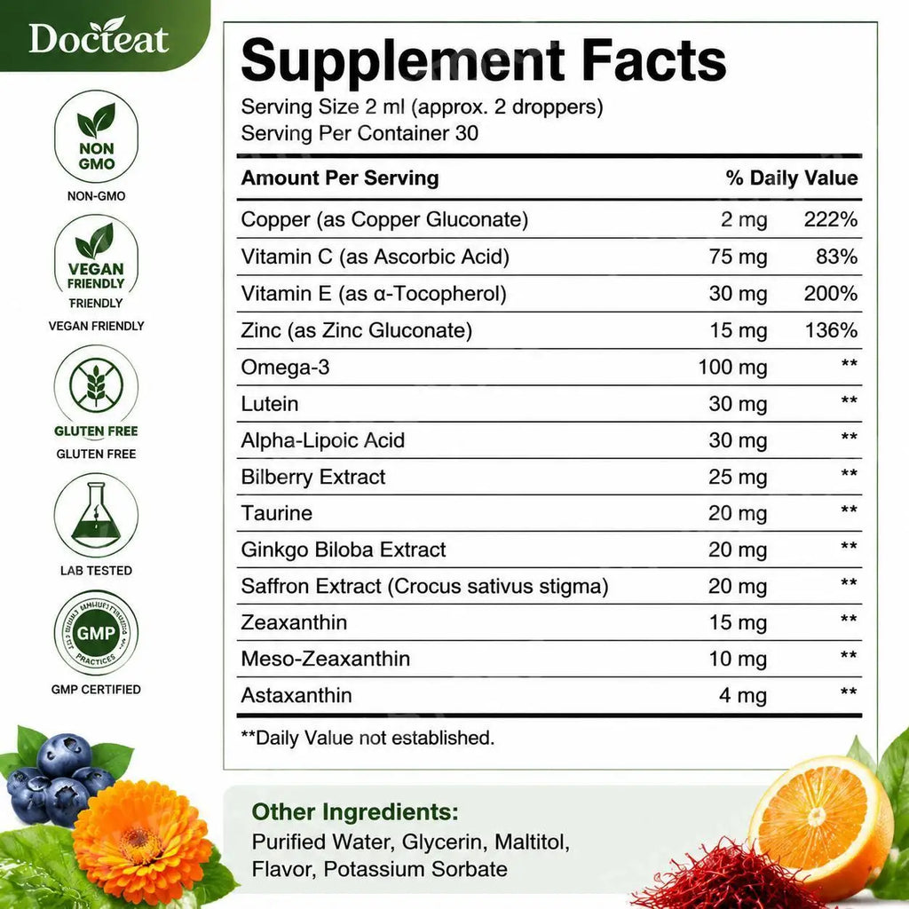 Docteat 14-in-1 Eye Wellness Drops – Lutein, Zeaxanthin & Omega-3 Eye Wellness Supplement Qst